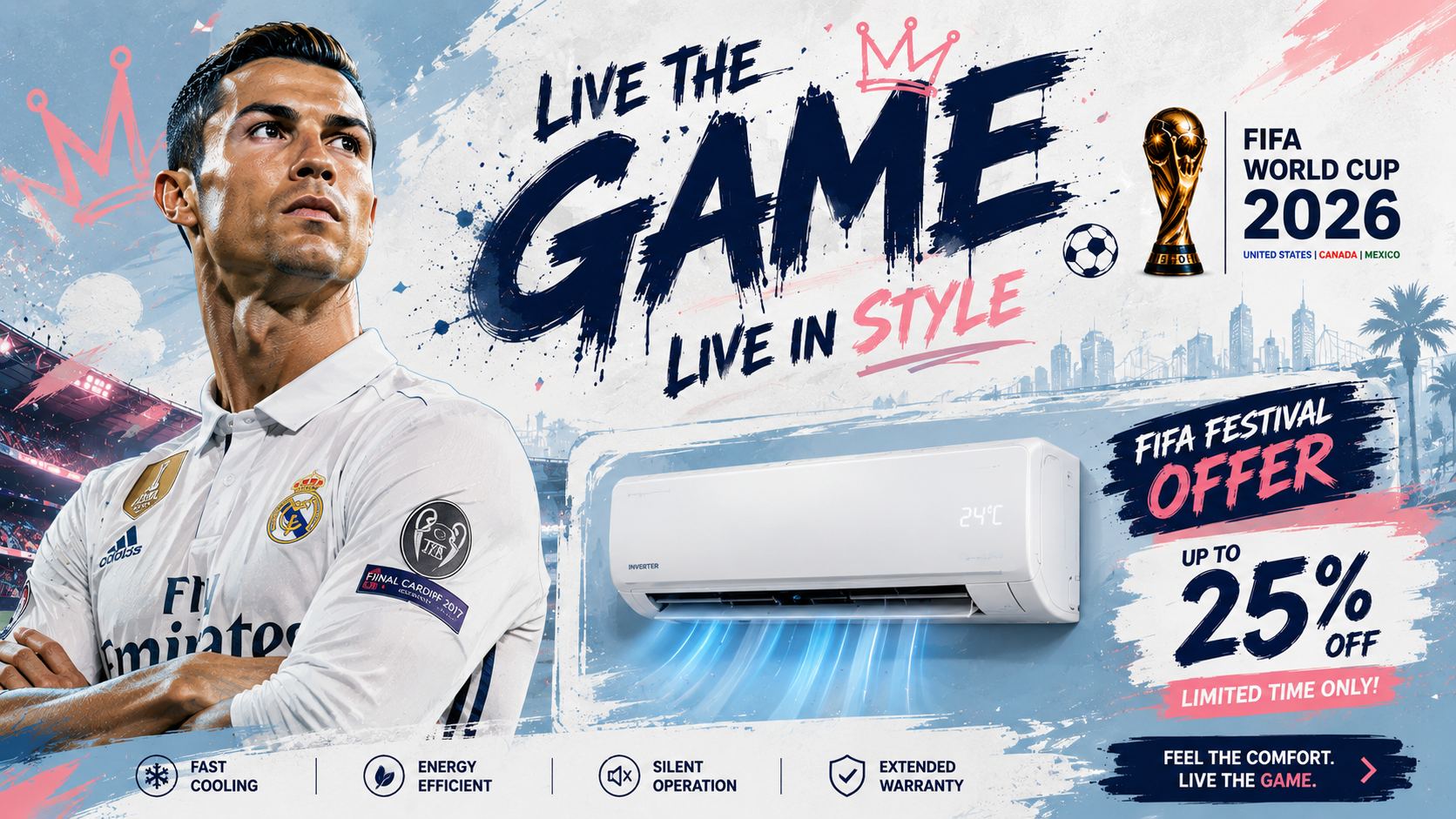 FIFA World Cup air conditioner offer banner with 25 percent off festival promotion.