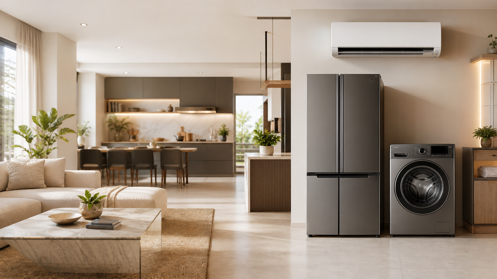 Premium home appliance lifestyle display with air conditioner, refrigerator, and washing machine.
