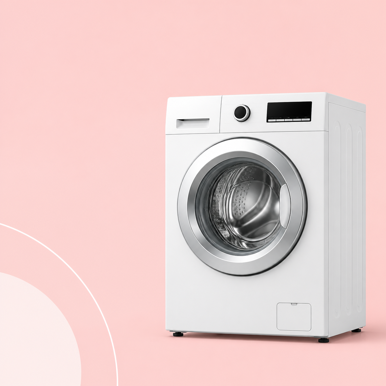 White front-load washing machine on a soft pink studio background.